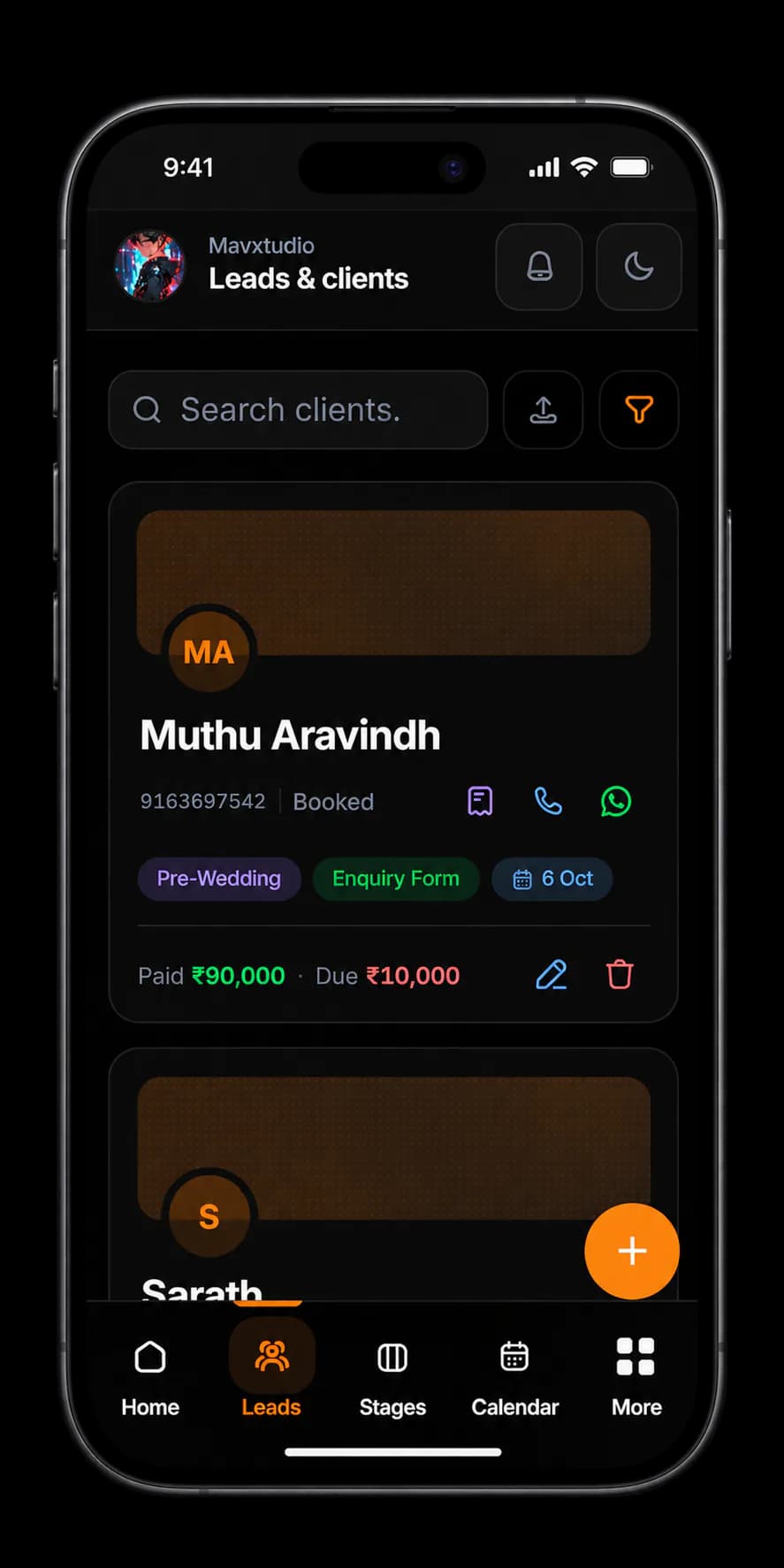 Client profile with payments and notes